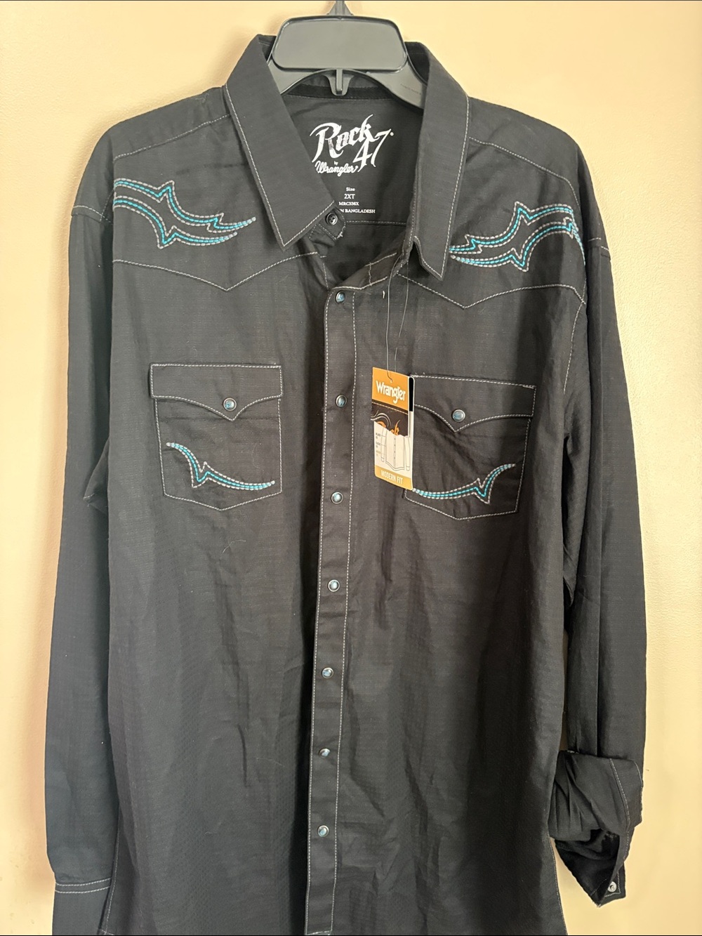 Wrangler Rock 47 Men's Black Western Snap Shirt with Teal Stitching Size 2XT NWT
